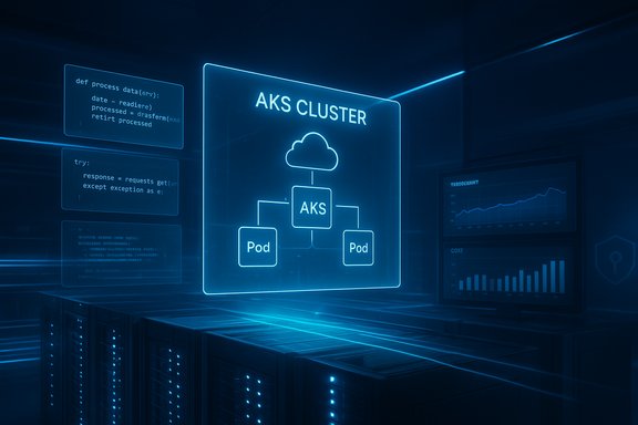 Neon holographic AKS cluster diagram with AKS and Pods connected to the cloud.