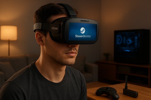 Person wearing a SteamVR headset displaying the SteamOS ARM screen in a cozy living room.