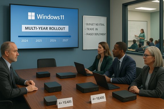 Business meeting reviewing Windows 11 multi-year rollout (2024–2027).