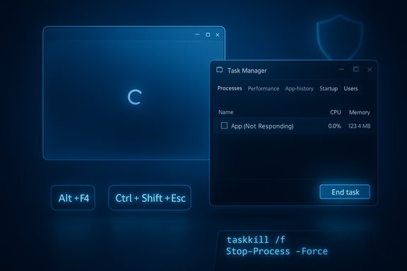 Blue neon Windows scene with Task Manager showing End Task and a force-stop command.