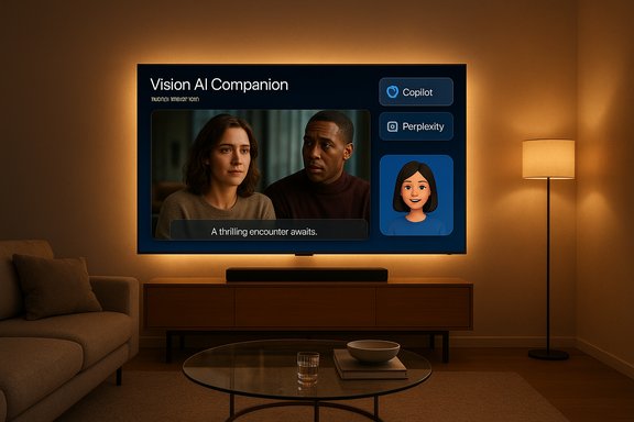 Cozy living room with a large TV showing Vision AI Companion interface and a couple with an avatar.