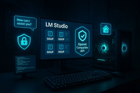 Neon-blue workstation displaying LM Studio UI and OpenAI-compatible API badge with security icons.