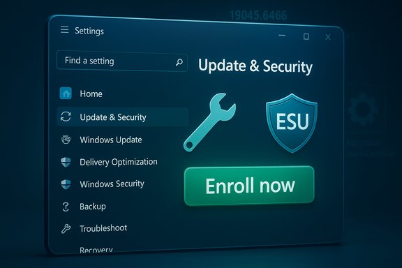 Windows Settings screen highlighting Update & Security with an Enroll now button.