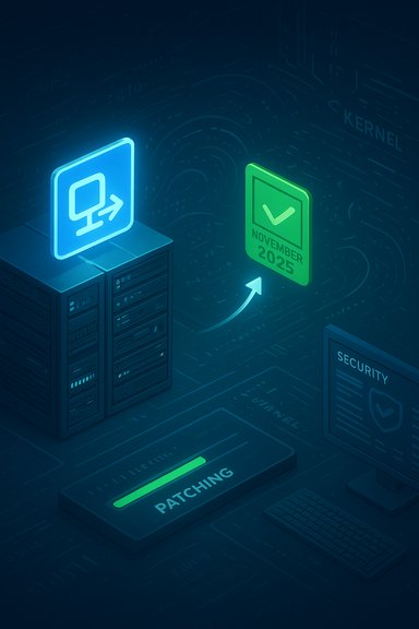 Data center patching in progress, with neon server icon and a green November 2025 security check.