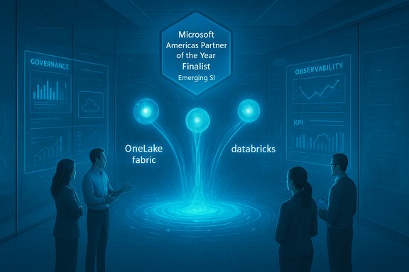 Futuristic conference room with three glowing data spheres powering a hub for OneLake Fabric and Databricks.