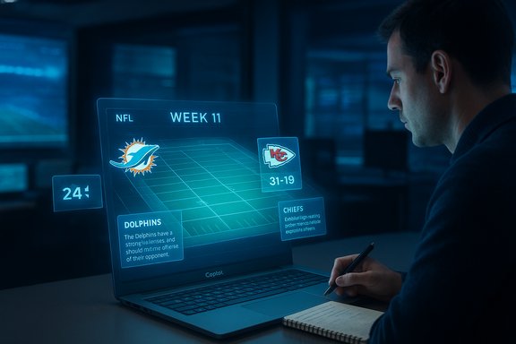 A man analyzes NFL Week 11 on a holographic dashboard showing Dolphins vs Chiefs.