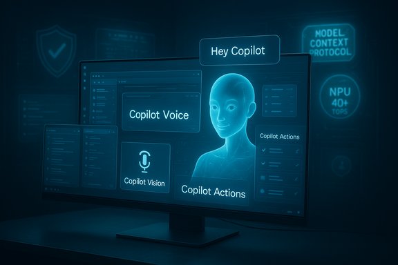 A holographic Copilot UI on a monitor, featuring a digital human figure and Copilot Voice, Vision, and Actions.