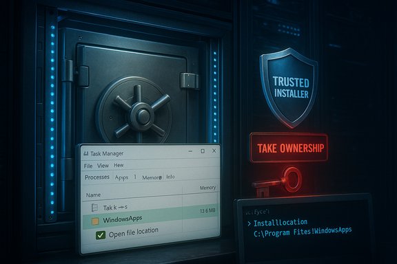 Secure vault scene with a safe, 'Trusted Installer' shield, and a red 'Take Ownership' button beside a Windows task window.