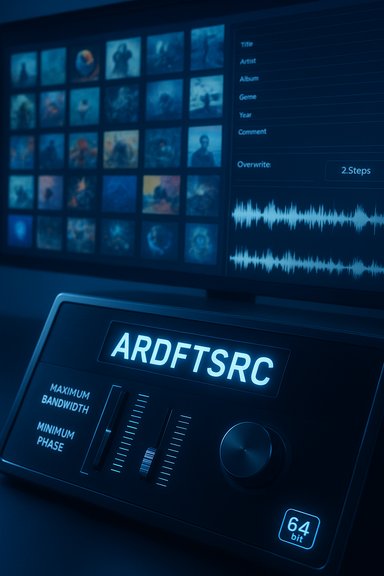 Blue-toned control panel with a waveform display and a grid of image thumbnails labeled ARDFTSRC.