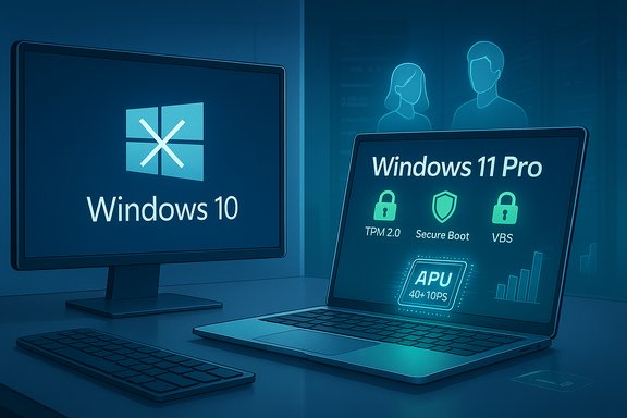 Windows 10 on a monitor beside a Windows 11 Pro laptop showcasing security features.