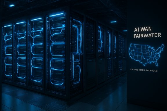 Blue neon-lit server racks fill a dark data center, beside a wall map labeled AI WAN FAIRWATER.