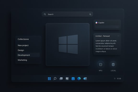 Dark glassy dashboard with a left menu, Windows-style tile grid, and a notes panel.