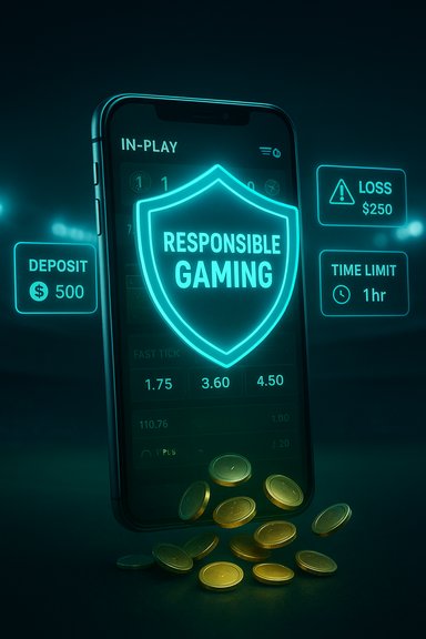 A neon-lit smartphone displays a 'Responsible Gaming' shield with deposit, loss, and coins.