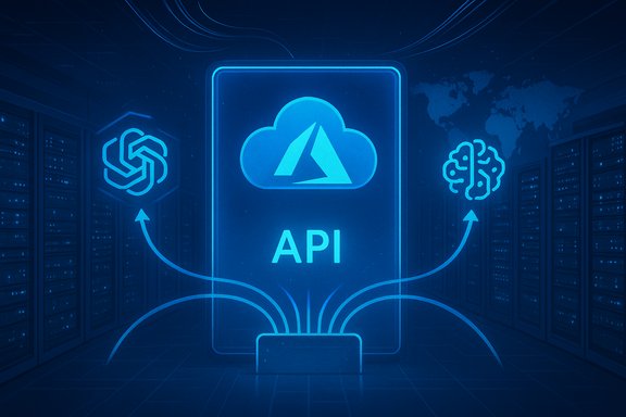 Blue neon illustration of an API hub in a data center linking cloud, AI, and servers.