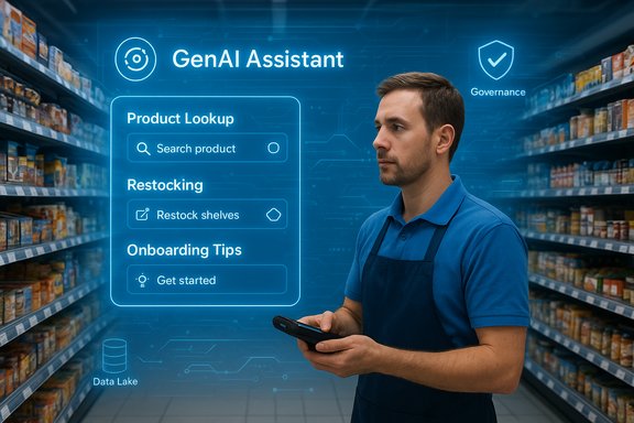 A store worker uses a holographic GenAI Assistant for product lookup and restocking.