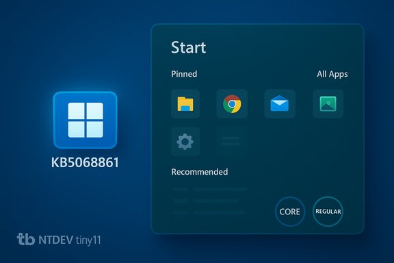 Blue gradient Windows-style start screen showing a KB5068861 tile with app icons.