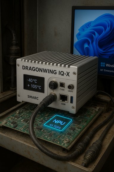 DragonWing IQ-X box sits atop a PCB, connected to a glowing NPU 45 TOPS chip.