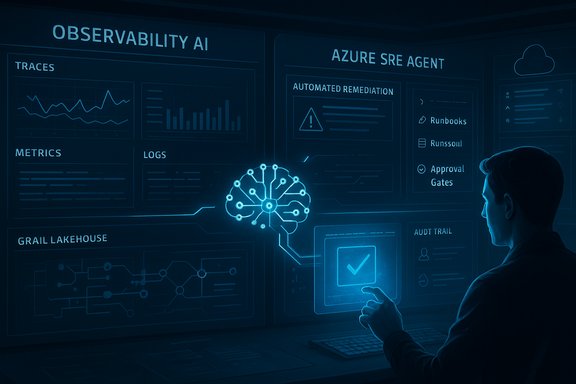 A person interacts with a glowing AI observability dashboard featuring metrics, traces, and automated remediation.