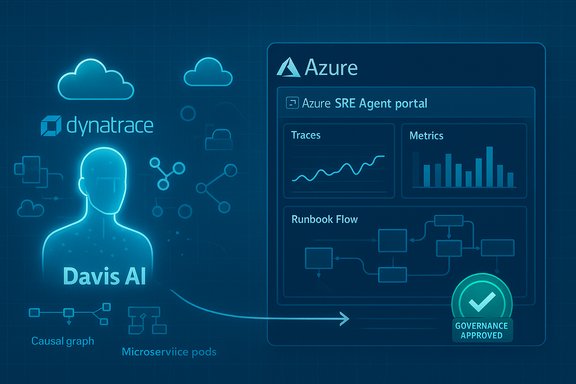 Blue dashboard showing Davis AI linking Dynatrace with Azure SRE portal, with traces, metrics and governance.
