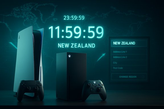 PS5 and Xbox Series X with controllers, under neon New Zealand time display.