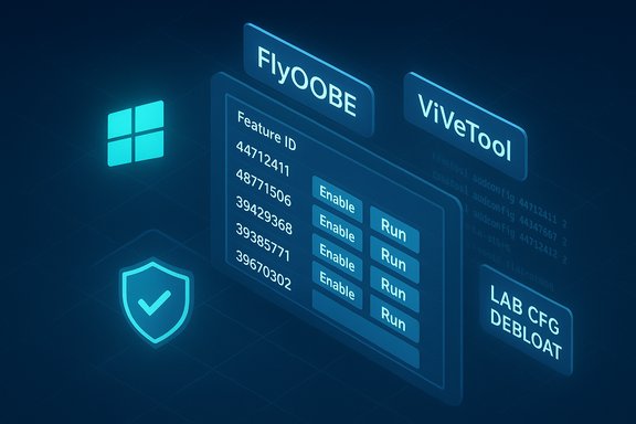 Futuristic blue dashboard showing Windows OOBE feature toggles with Enable/Run options.