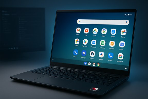 A sleek laptop displaying a grid of Google apps on a blue screen.