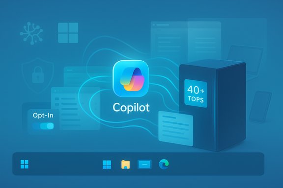 Blue-themed Copilot promo featuring the Copilot logo, opt-in toggle, and a 40+ TOPS panel.