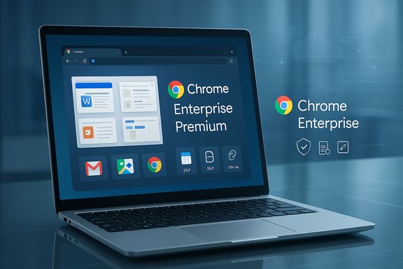A laptop screen displays Chrome Enterprise Premium with app icons on a blue tech background.