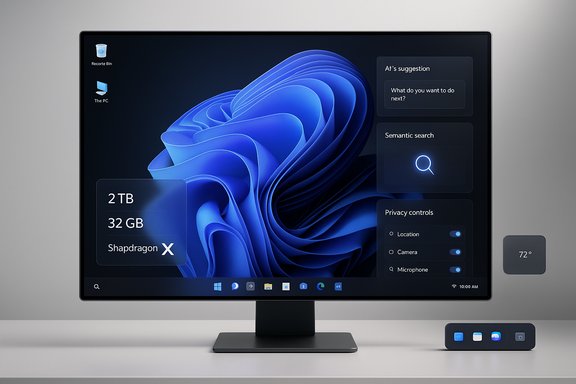 A sleek monitor displays a futuristic Windows-like UI with floating panels and a small control puck.