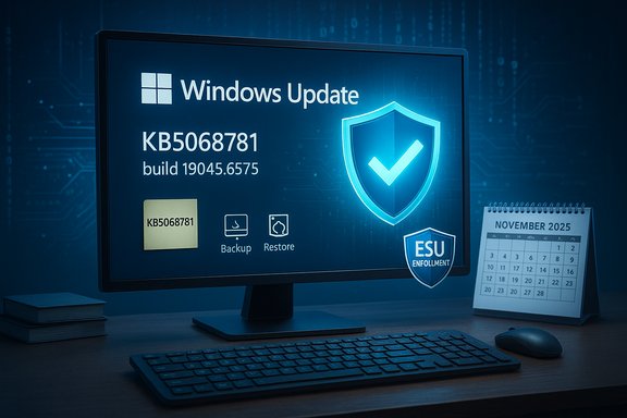Windows Update screen showing KB5068781 (build 19045.6575) with a glowing shield and ESU badge.