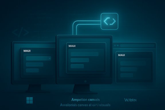 Three teal screens labeled “MAUI” show UI layouts, connected to a glowing code icon.