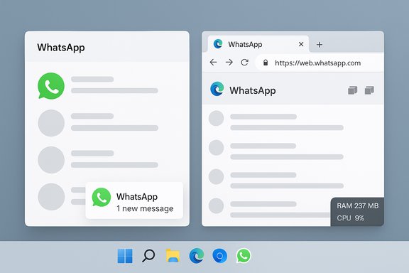 Split-screen: left WhatsApp app with a new-message notification; right WhatsApp Web with a system monitor.