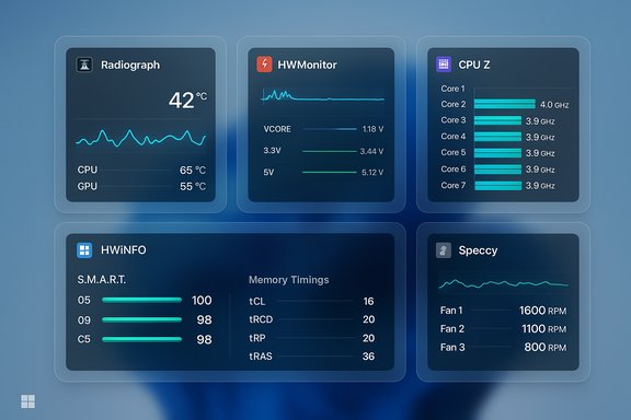 Six floating panels display real-time PC temps, voltages, and fan speeds.