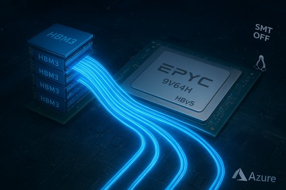 EPYC CPU connected to HBM3 memory modules by glowing blue interconnects.