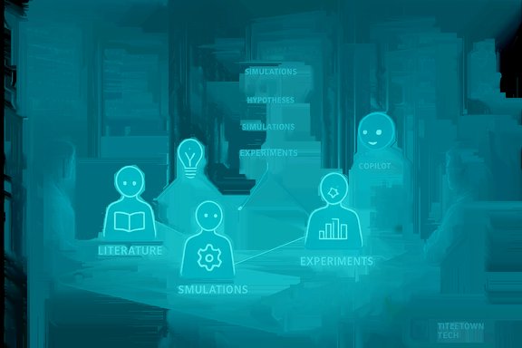 A glowing blue holographic diagram showing literature, simulations, experiments, and a copilot.