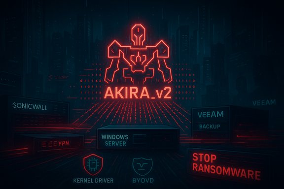 Neon AKIRA_v2 emblem glows above a cyberpunk data center filled with labeled servers and security icons.