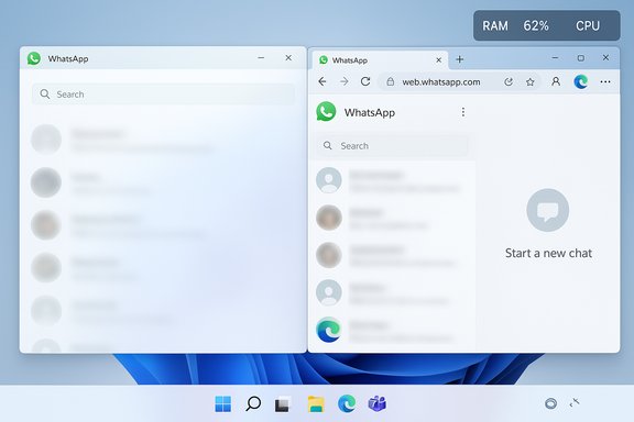 Two WhatsApp windows open on a Windows 11 desktop, with a RAM/CPU widget in the corner.