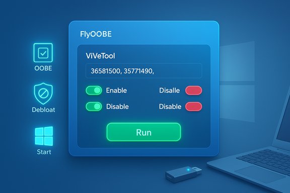 Neon blue Windows-style UI showing OOBE/debloat settings and a green Run button.