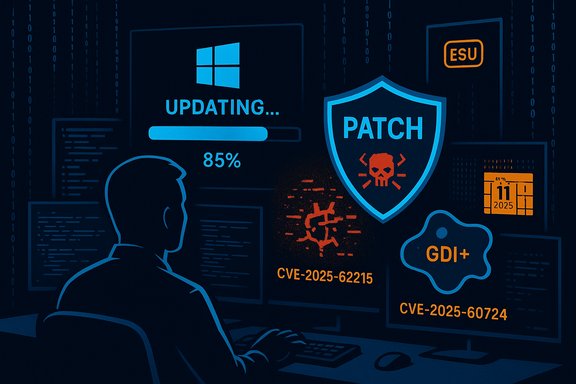 Person at a computer tracks 85% Windows update as patch dashboard shows CVEs and malware icons.