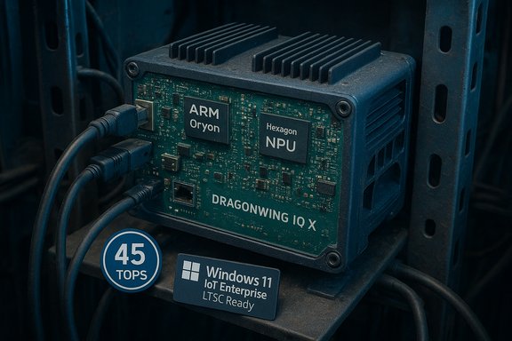 Rugged AI accelerator board DragonWing IQ X featuring ARM Oryon and Hexagon NPU, with cables plugged in. Rugged AI accelerator board DragonWing IQ X featuring ARM Oryon and Hexagon NPU, with cables plugged in.