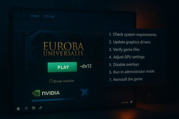 Steam game launcher showing Europa Universalis with a green PLAY button and a 7-step setup panel.