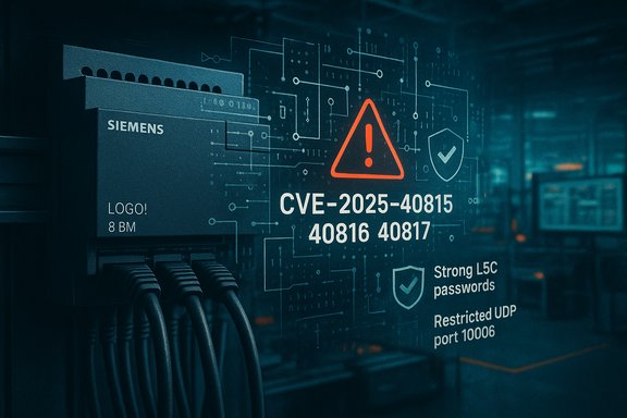 A Siemens server rack with a red warning triangle and CVE-2025-40815 security alert. A Siemens server rack with a red warning triangle and CVE-2025-40815 security alert.