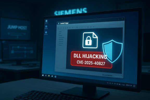 Computer screen shows a DLL hijacking alert (CVE-2025-40827) with a shield icon.