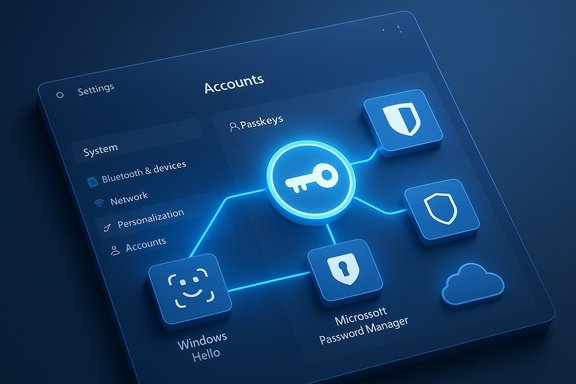 Futuristic UI with a glowing key connected to passkeys, Windows Hello, and a password manager.