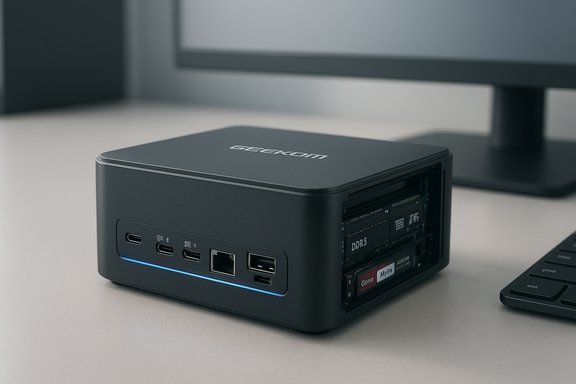 Black mini PC with a blue LED strip sits on a desk beside a monitor and keyboard.
