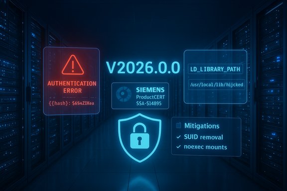 Data center with holographic security overlays showing authentication error and hijacked library path.