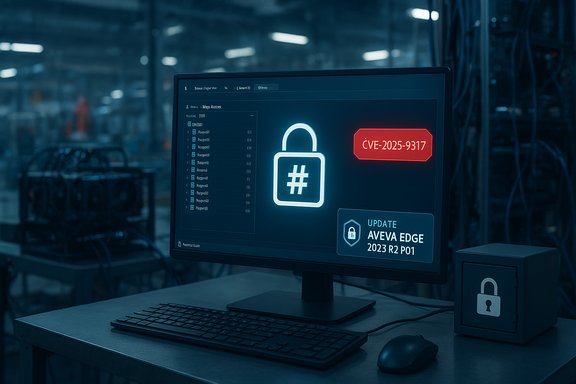 A security-themed computer screen shows a glowing padlock and CVE alert in a data center.