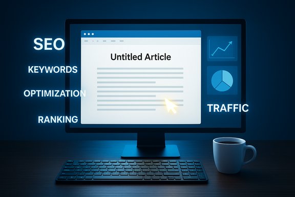 A computer screen shows an Untitled Article with SEO metrics and traffic charts.