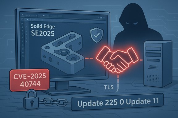 CVE-2025-40744 vulnerability patched by Solid Edge SE2025 Update 11; TLS handshake secures the system.