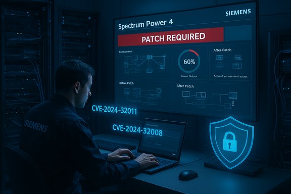 Siemens technician reviews patch status on a large digital dashboard in a server room.